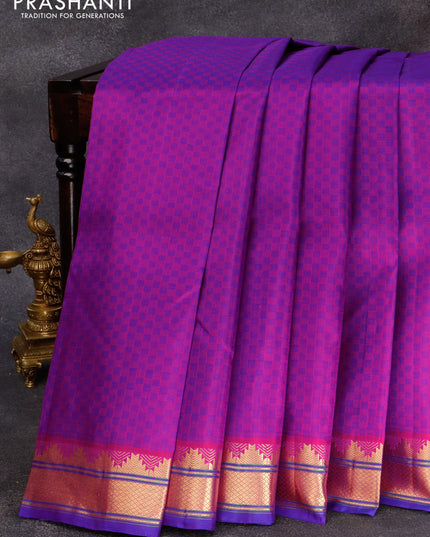 Pure kanjivaram silk saree dual shade of purple and blue with allover checked pattern and temple design zari woven border & checks