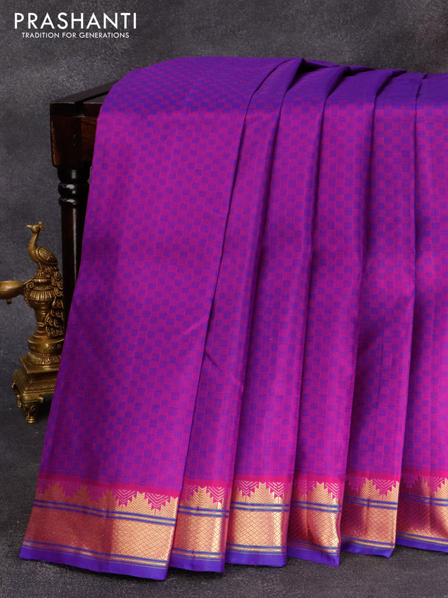 Pure kanjivaram silk saree dual shade of purple and blue with allover checked pattern and temple design zari woven border & checks
