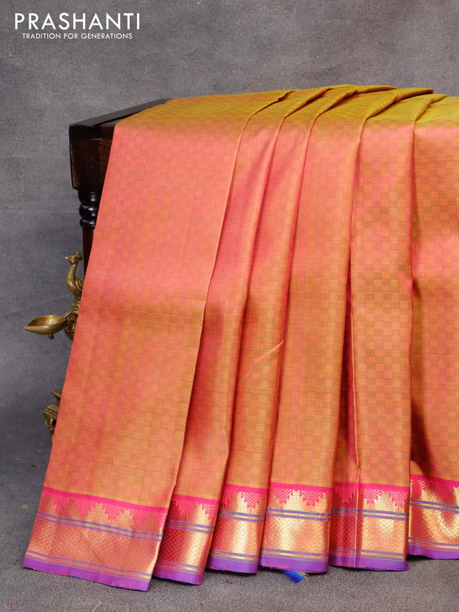 Pure kanjivaram silk saree dual shade of pinkish orange and blue with allover checked pattern and temple design zari woven border & checks