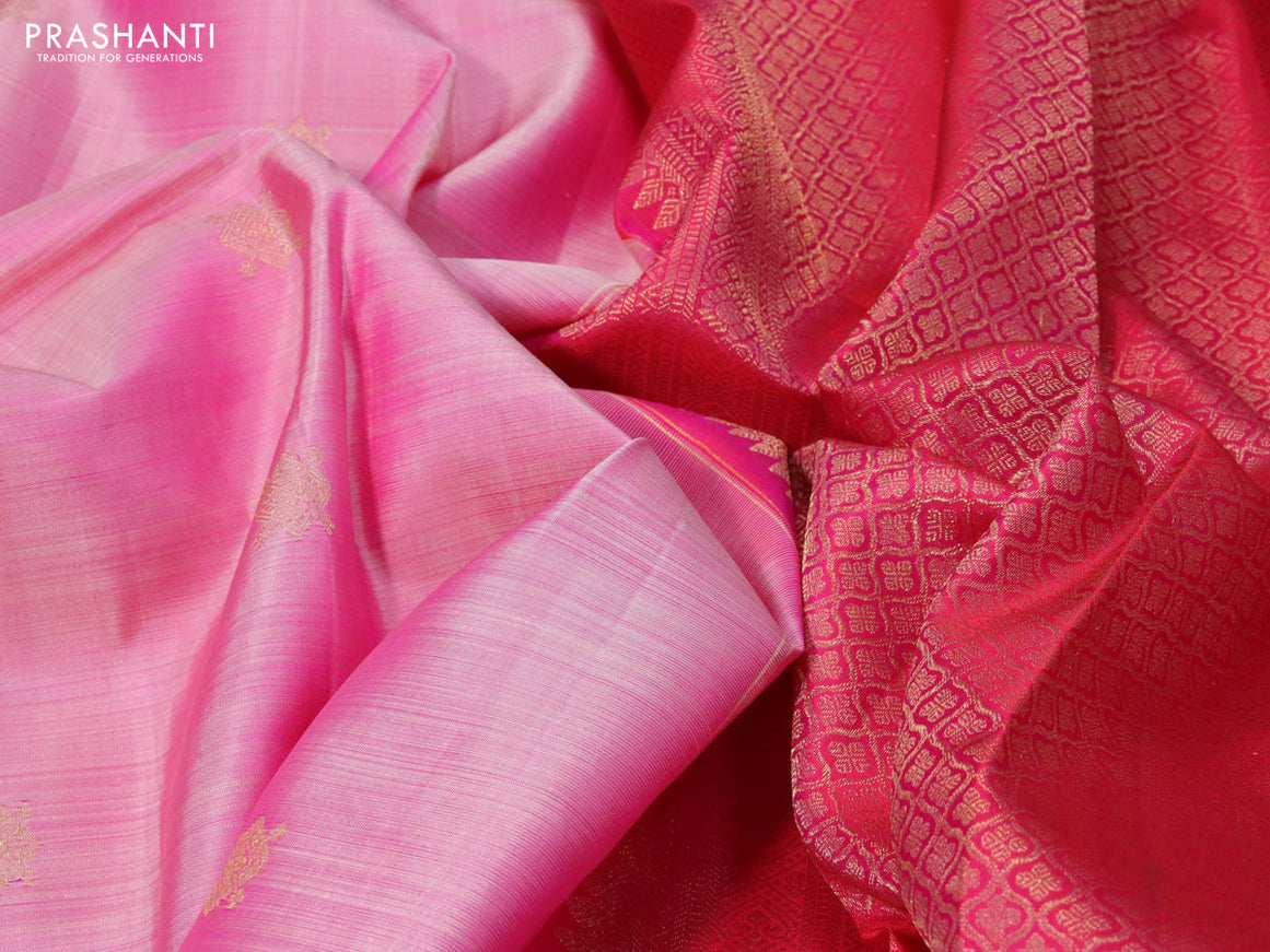 Pure kanjivaram silk saree light pink and dual shade of pinkish orange with zari woven buttas and zari woven border & butta style