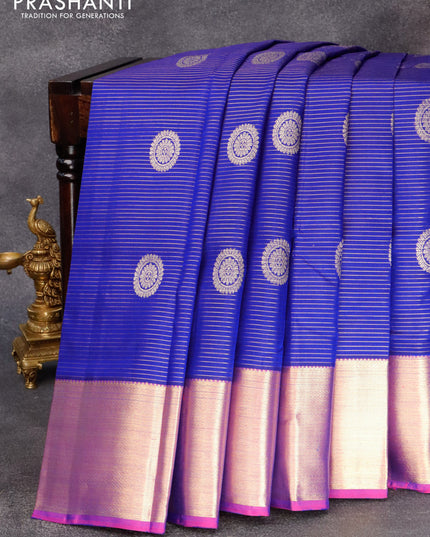 Pure kanjivaram silk saree blue and purple with allover zari stripes pattern & annam buttas and zari woven border & allover weaves