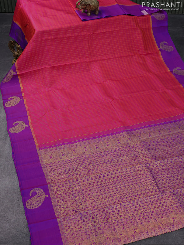 Pure kanjivaram silk saree dual shade of pinkish orange and dual shade of blue with allover zari weaves and zari woven butta border & allover weaves
