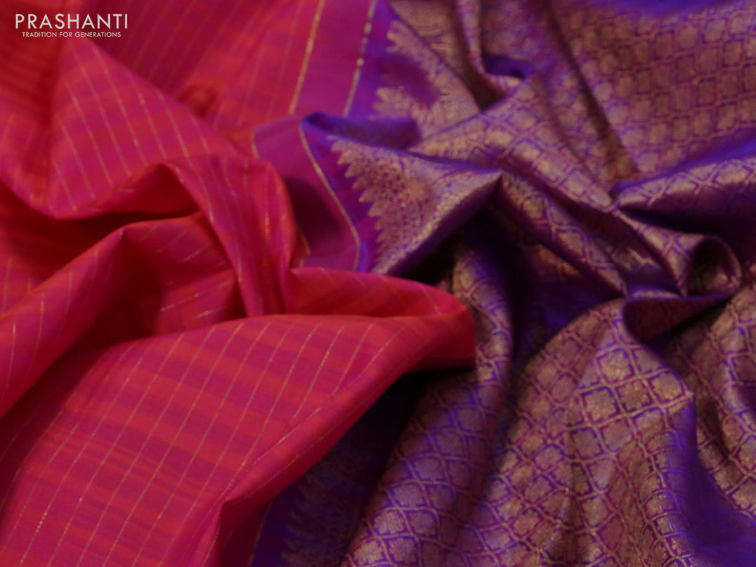Pure kanjivaram silk saree dual shade of pinkish orange and dual shade of blue with allover zari weaves and zari woven butta border & allover weaves