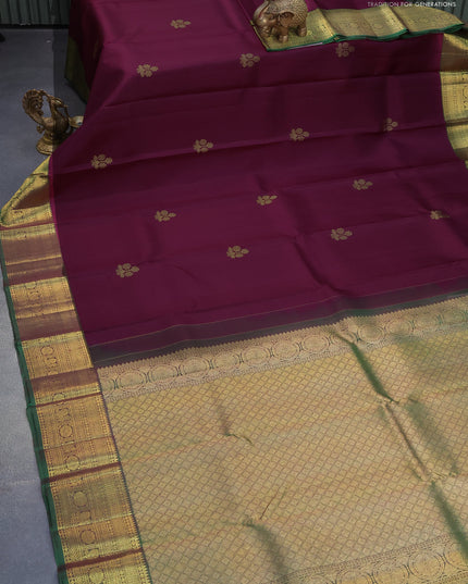 Pure kanjivaram silk saree deep purple and green with zari woven floral buttas and zari woven border & butta style