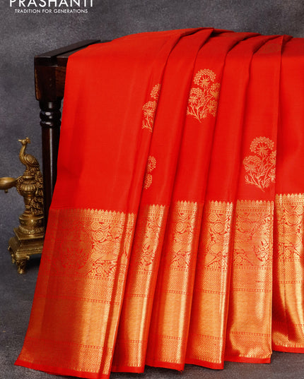 Pure kanjivaram silk saree red and green with zari woven floral buttas and long zari woven border & butta style