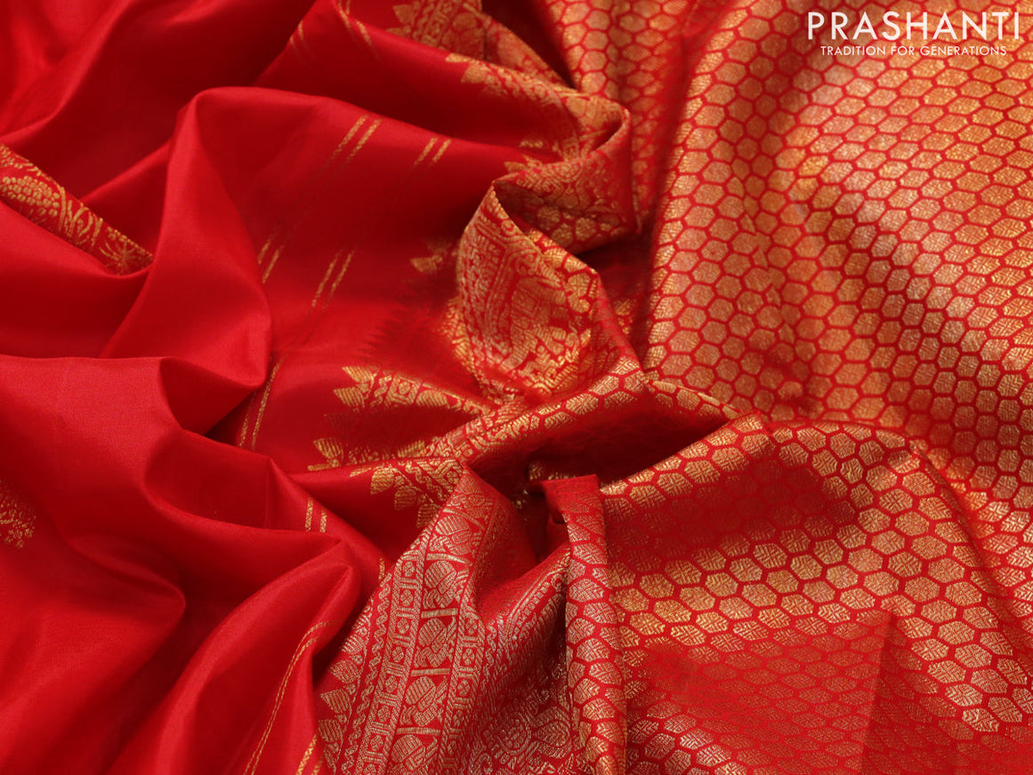 Pure kanjivaram silk saree red and green with zari woven floral buttas and long zari woven border & butta style