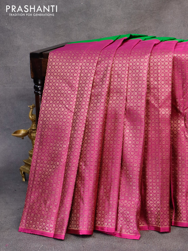 Pure kanjivaram silk saree green and magenta pink with half & half style and long zari woven border & half & half style