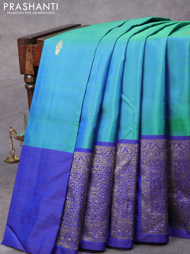 Pure kanjivaram silk saree dual shade of bluish green and blue with zari woven buttas and zari woven box type butta border & butta style