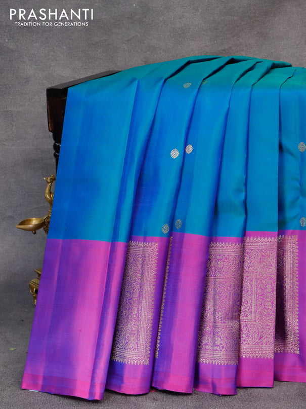 Pure kanjivaram silk saree dual shade of bluish green and dual shade of purple with zari woven buttas and zari woven box type butta border & butta style