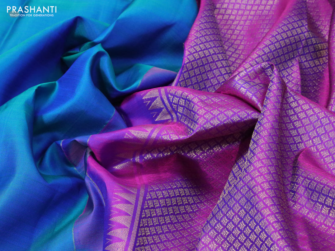Pure kanjivaram silk saree dual shade of bluish green and dual shade of purple with zari woven buttas and zari woven box type butta border & butta style