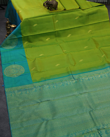 Pure kanjivaram silk saree yellowish green and teal blue with peacock zari woven buttas and zari woven butta border & butta style
