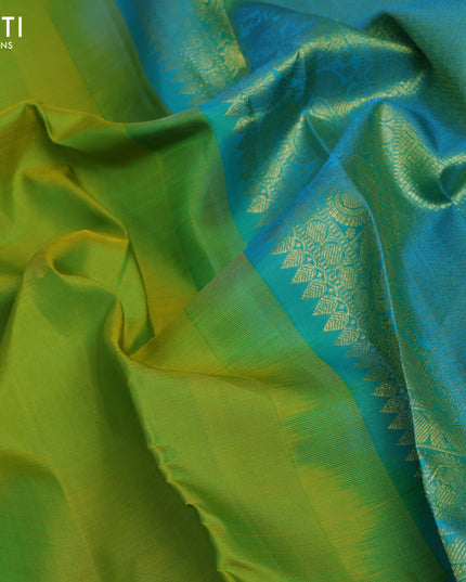 Pure kanjivaram silk saree yellowish green and teal blue with peacock zari woven buttas and zari woven butta border & butta style