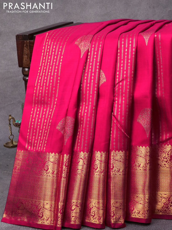 Pure kanjivaram silk saree kum kum red with allover weaves & buttas and rech zari woven border & allover weaves