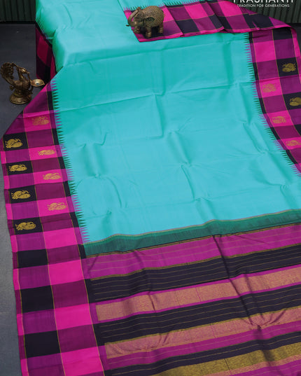 Pure kanjivaram silk saree teal blue and multi colour with plain body and temple design zari woven butta border &