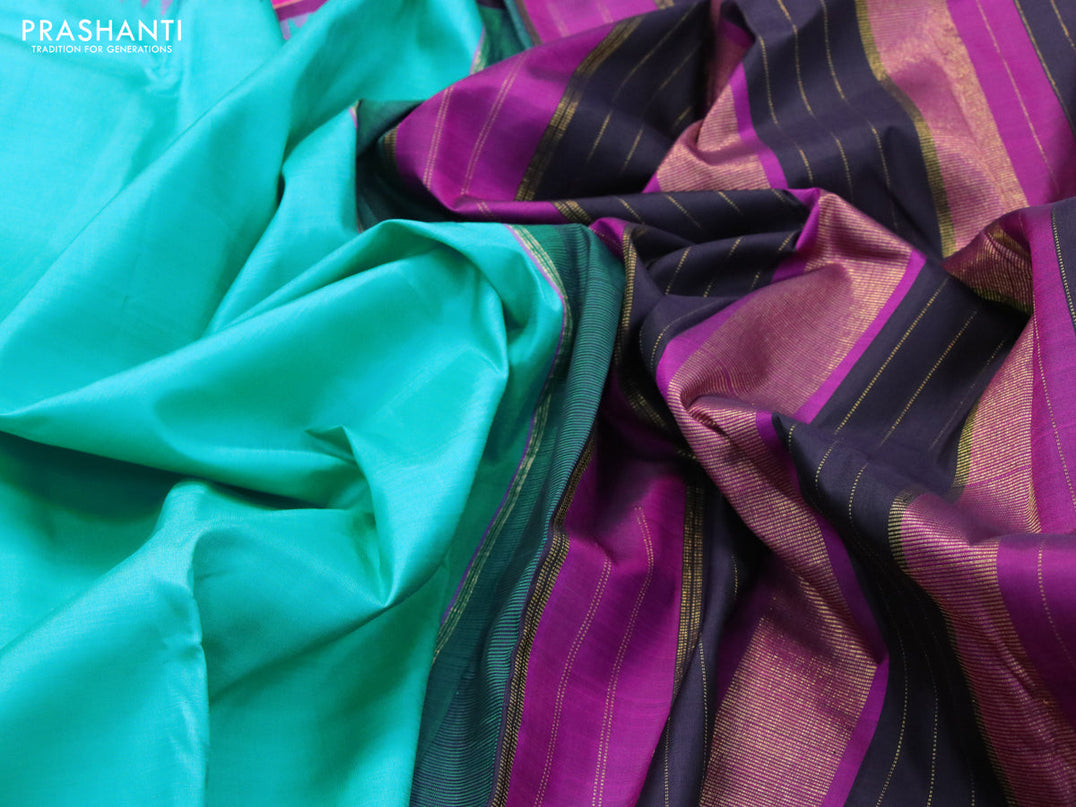 Pure kanjivaram silk saree teal blue and multi colour with plain body and temple design zari woven butta border &