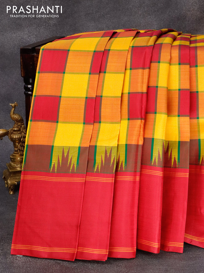 Pure kanjivaram silk saree multi colour and maroon with allover paalum pazhamum checkes and temple design rettapet border & checkes