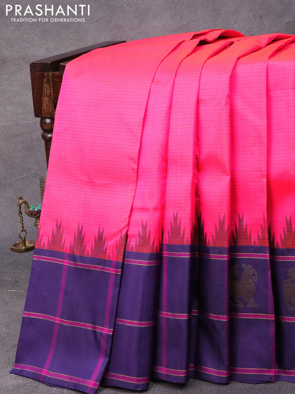 Pure kanjivaram silk saree dual shade of pinkish orange and navy blue with allover thread stripes and temple design zari woven butta border & allover weaves