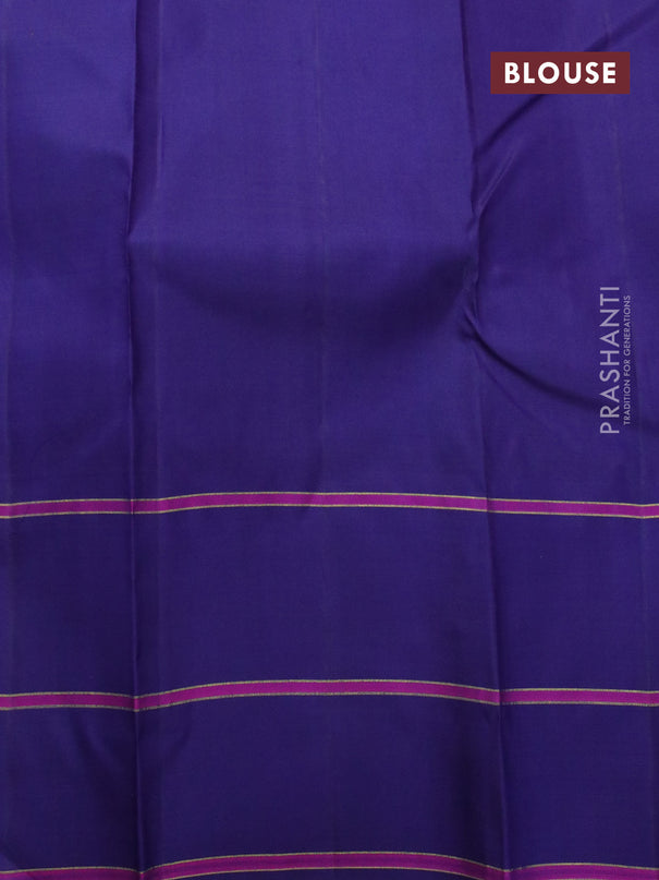 Pure kanjivaram silk saree dual shade of pinkish orange and navy blue with allover thread stripes and temple design zari woven butta border & allover weaves