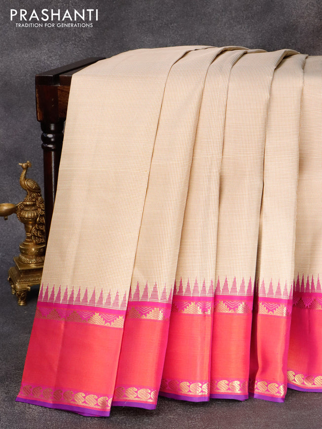 Pure kanjivaram silk saree cream and dual shade of pink with allover small checkes pattern and temple design rettapet zari woven border & checkes