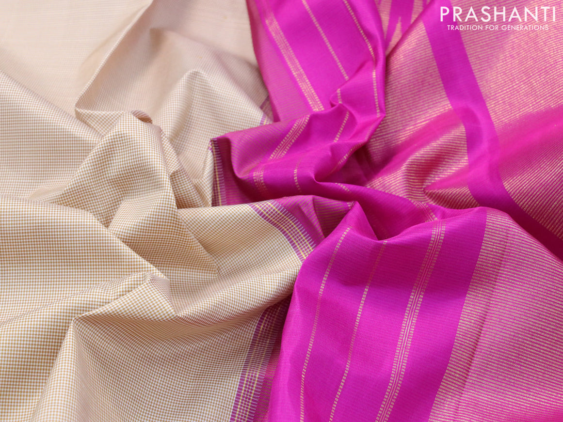 Pure kanjivaram silk saree cream and dual shade of pink with allover small checkes pattern and temple design rettapet zari woven border & checkes