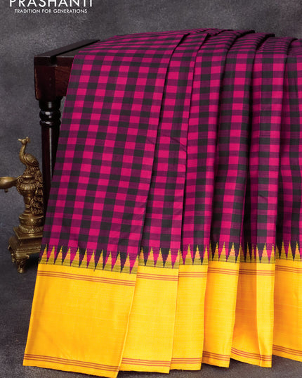 Pure kanjivaram silk saree dark pink black and mango yellow with allover paalum pazhamum checkes and temple design rettapet zari woven border & checkes