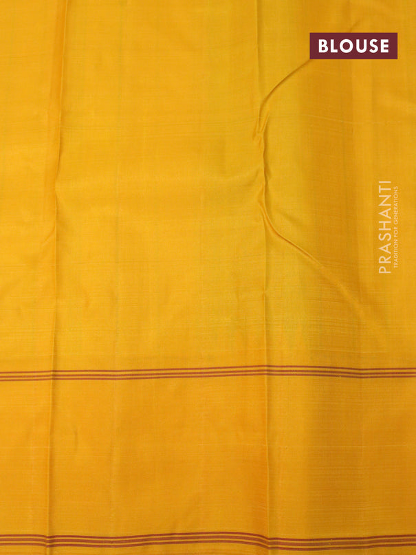 Pure kanjivaram silk saree dark pink black and mango yellow with allover paalum pazhamum checkes and temple design rettapet zari woven border & checkes