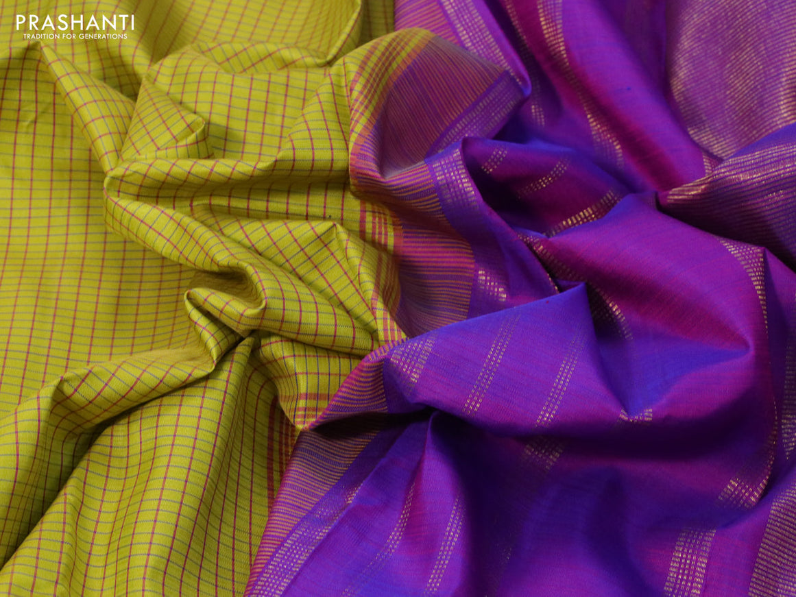 Pure kanjivaram silk saree lime yellow and dual shade of purple with allover checkes pattern and temple design rettapet zari woven border & checkes