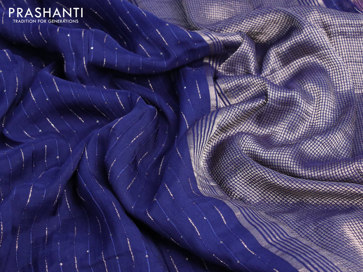 Chinon silk saree navy blue with allover sequin work and zari woven floral border & zari butta blouse