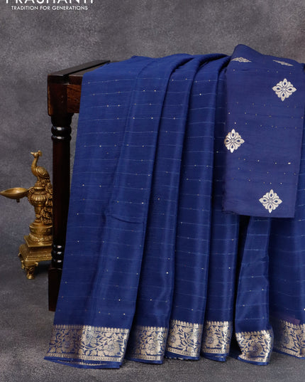 Chinon silk saree peacock blue with allover sequin work and zari woven floral border & zari butta blouse