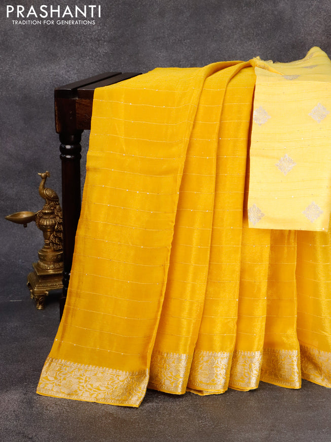 Chinon silk saree yellow with allover sequin work and zari woven floral border & zari butta blouse