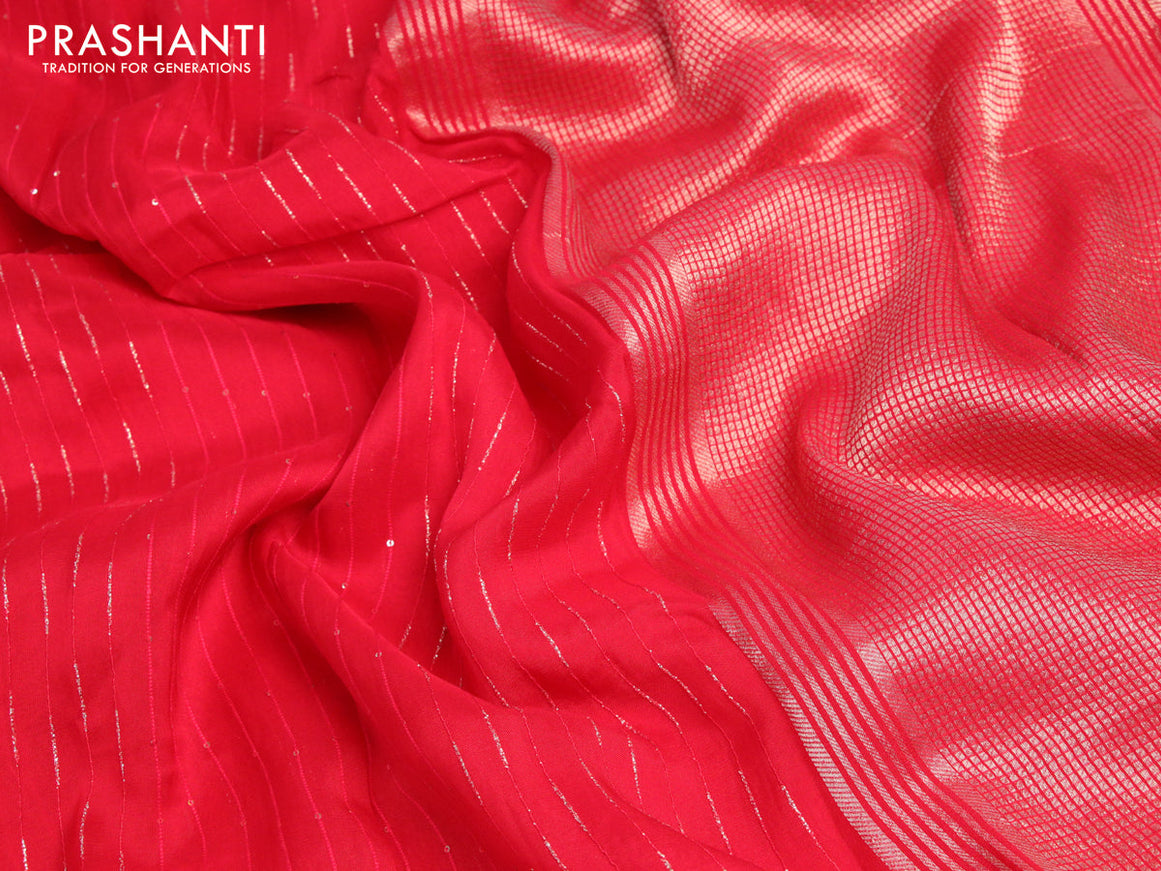Chinon silk saree red with allover sequin work and zari woven floral border & zari butta blouse