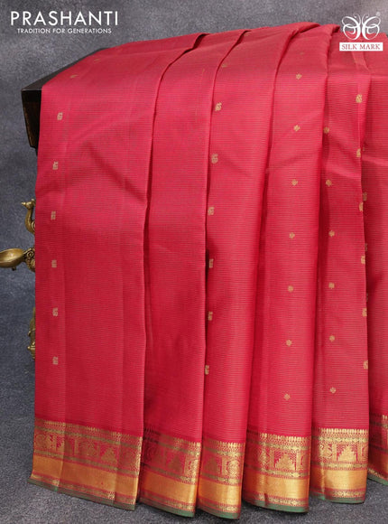 Pure kanjivaram silk saree maroon and dual shade of green with allover zari stripes & buttas and temple & annam zari woven border