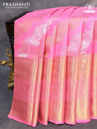 Pure kanjivaram silk saree candy pink with allover silver & gold zari woven floral weaves and long rich annam & parrot zari woven border