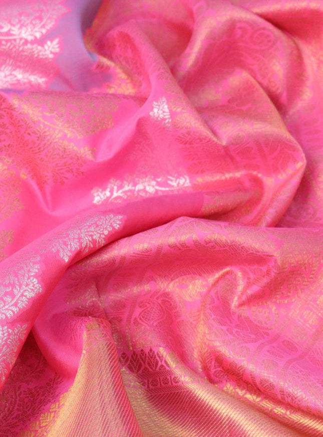 Pure kanjivaram silk saree candy pink with allover silver & gold zari woven floral weaves and long rich annam & parrot zari woven border
