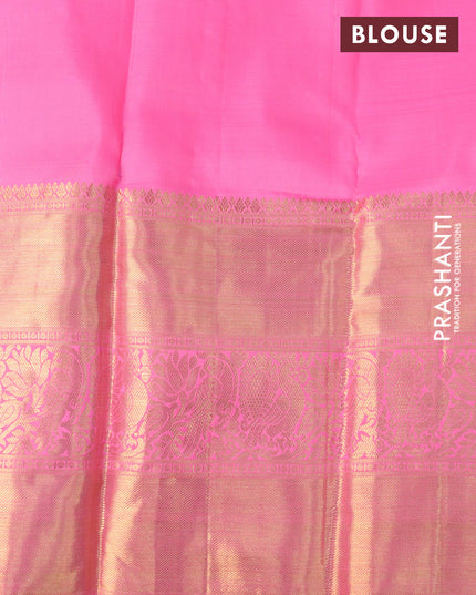 Pure kanjivaram silk saree candy pink with allover silver & gold zari woven floral weaves and long rich annam & parrot zari woven border