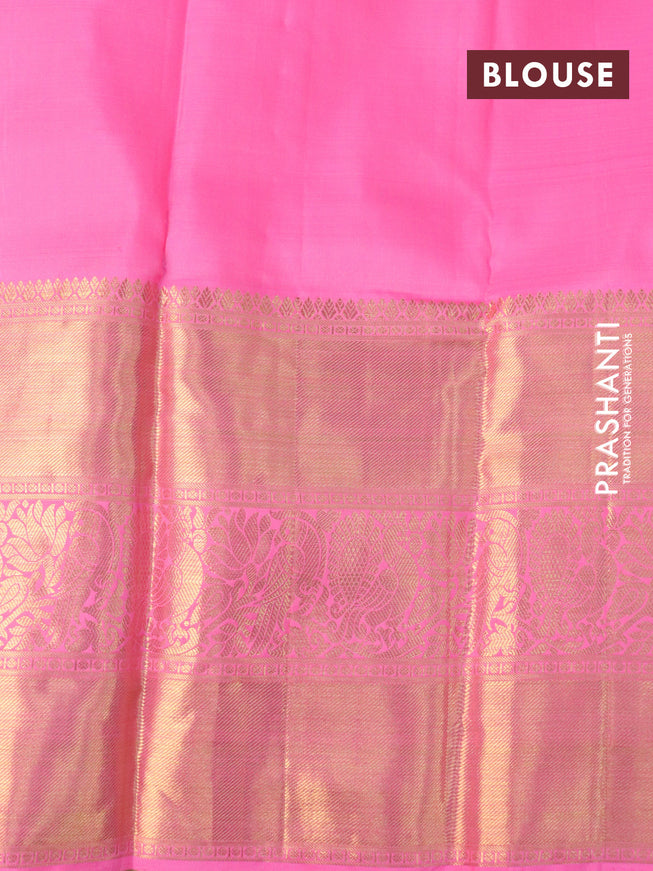 Pure kanjivaram silk saree candy pink with allover silver & gold zari woven floral weaves and long rich annam & parrot zari woven border