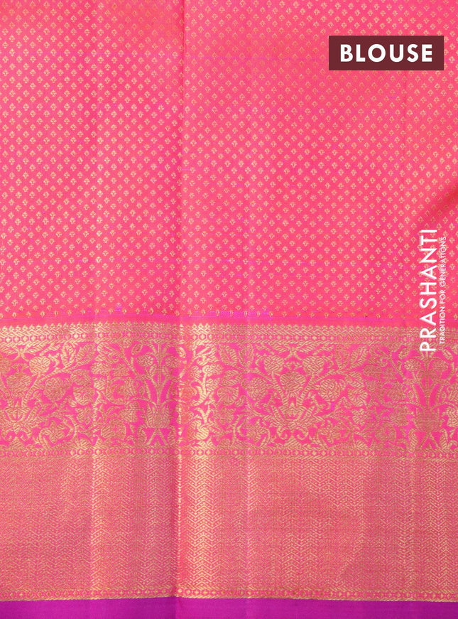Pure kanjivaram silk saree pista green and dual shade of pinkish orange with allover silver & gold zari woven brocade weaves and floral zari woven korvai border
