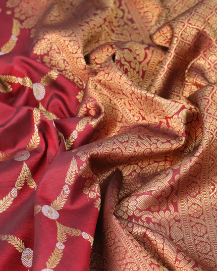 Pure kanjivaram silk saree maroon with allover silver & gold zari weaves and long zari woven annam border