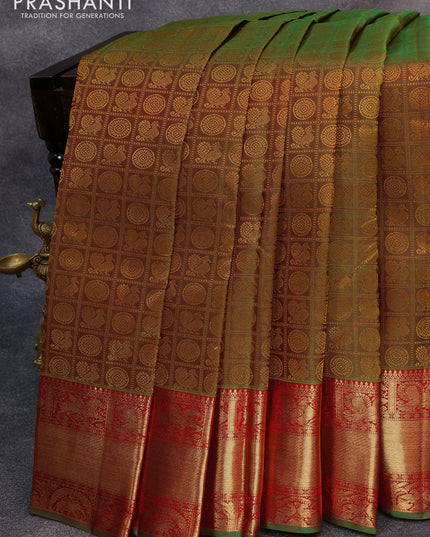 Pure kanjivaram silk saree manthulir green and red with allover thread checks & 1000 buttas and rich zari woven border