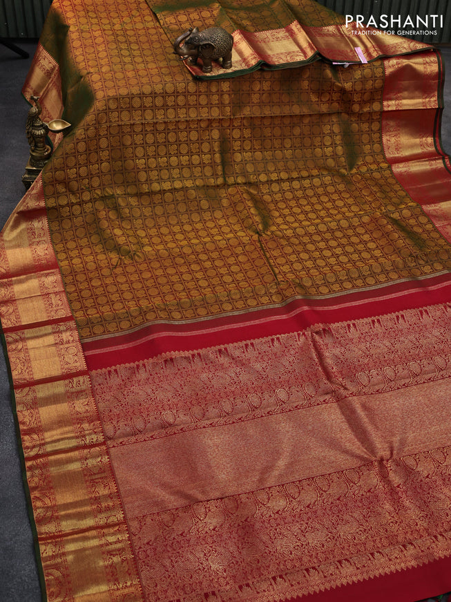 Pure kanjivaram silk saree manthulir green and red with allover thread checks & 1000 buttas and rich zari woven border