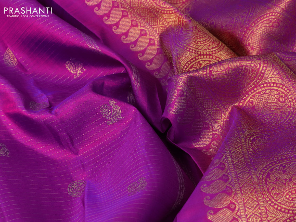 Pure kanjivaram silk saree dual shade of purple and dual shade of green with allover zari stripes & buttas and rich annam zari woven border