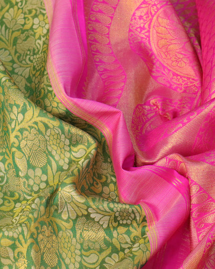 Pure kanjivaram silk saree green and pink with allover zari woven brocade weaves and long zari woven annam border