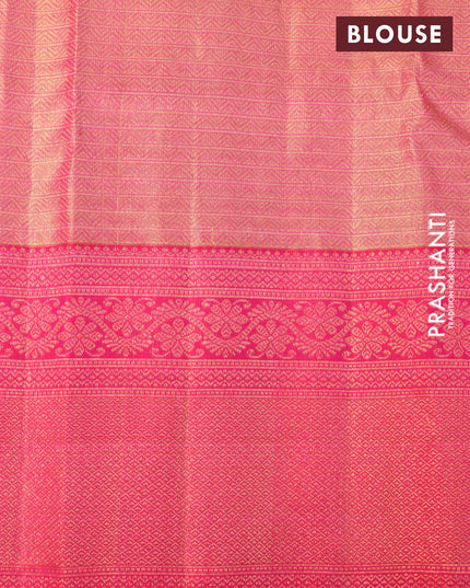 Pure kanjivaram tissue silk saree dual shade of greyish gold and pink with allover zari woven floral brocade weaves and long zari woven border