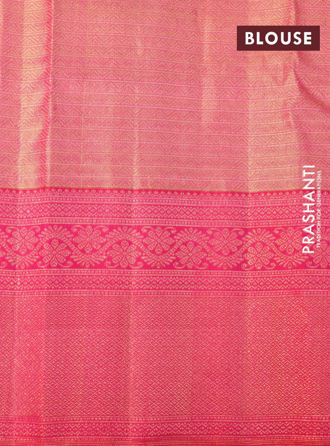 Pure kanjivaram tissue silk saree dual shade of greyish gold and pink with allover zari woven floral brocade weaves and long zari woven border