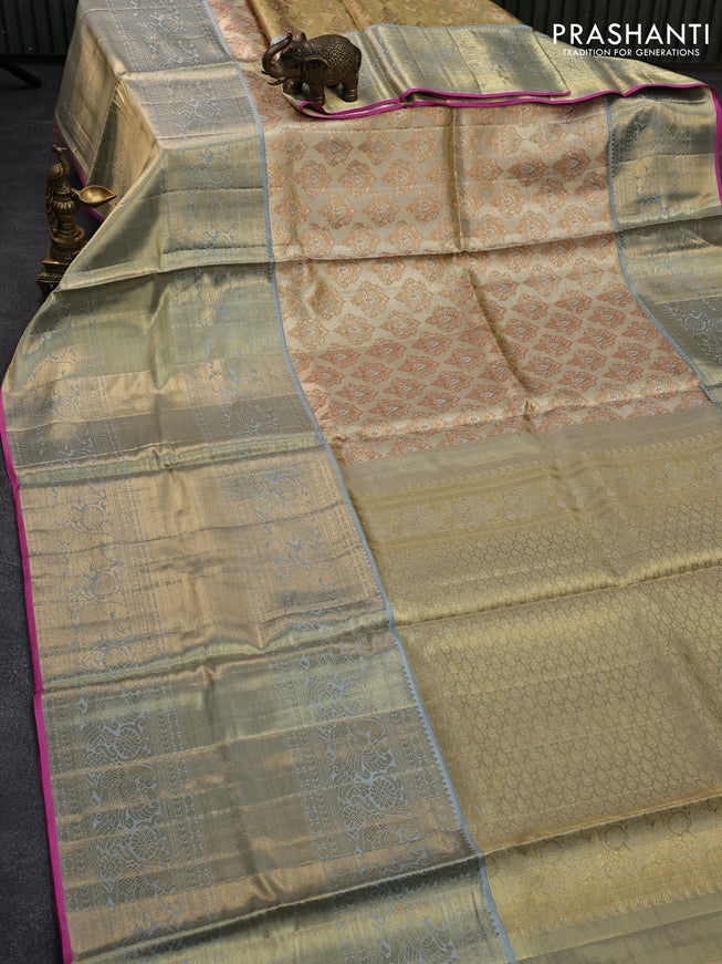 Pure kanjivaram tissue silk saree sandal and grey with allover zari woven butta weaves and long rich peacock zari woven border