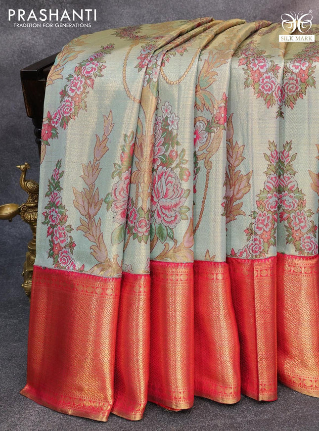 Pure kanjivaram tissue silk saree pastel blue and pink with allover thread & zari floral brocade weaves and rich zari woven border
