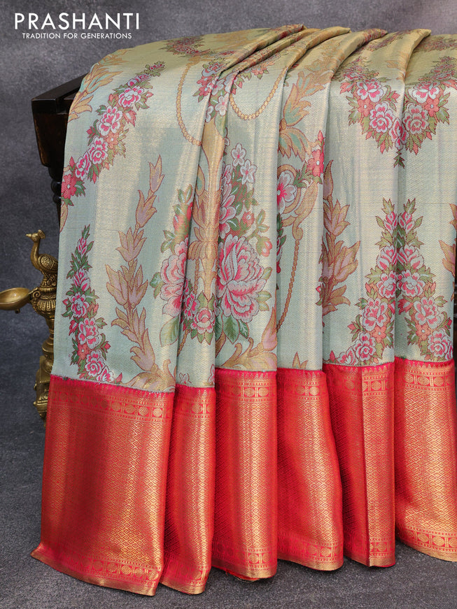 Pure kanjivaram tissue silk saree pastel blue and pink with allover thread & zari floral brocade weaves and rich zari woven border