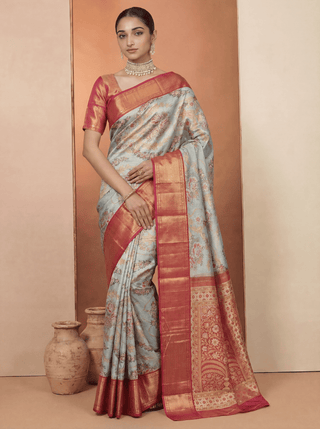 Pure kanjivaram tissue silk saree pastel blue and pink with allover thread & zari floral brocade weaves and rich zari woven border