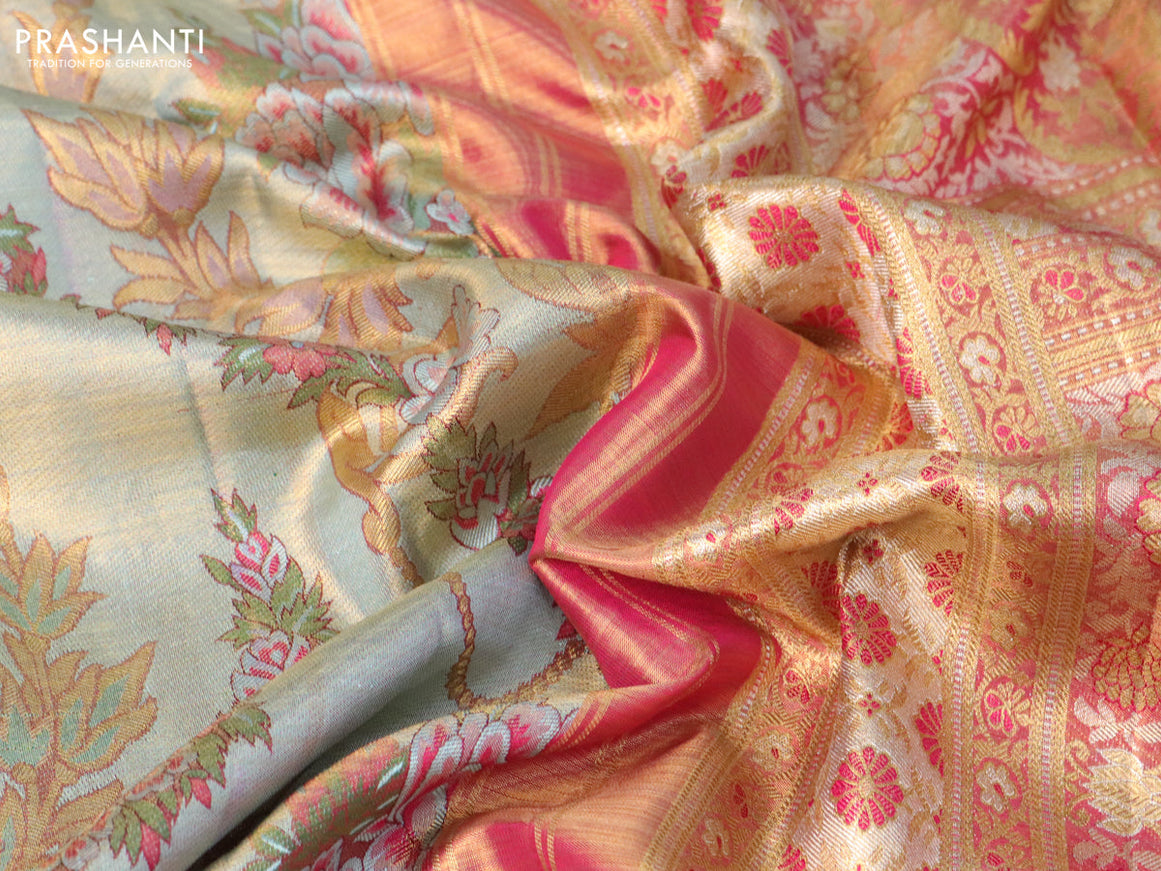 Pure kanjivaram tissue silk saree pastel blue and pink with allover thread & zari floral brocade weaves and rich zari woven border