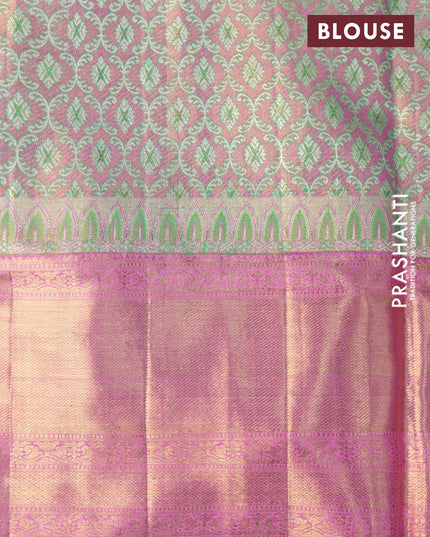 Pure kanjivaram tissue silk saree dual shade of light blue and light pink with allover thread & zari woven floral brocade weaves and long zari woven border